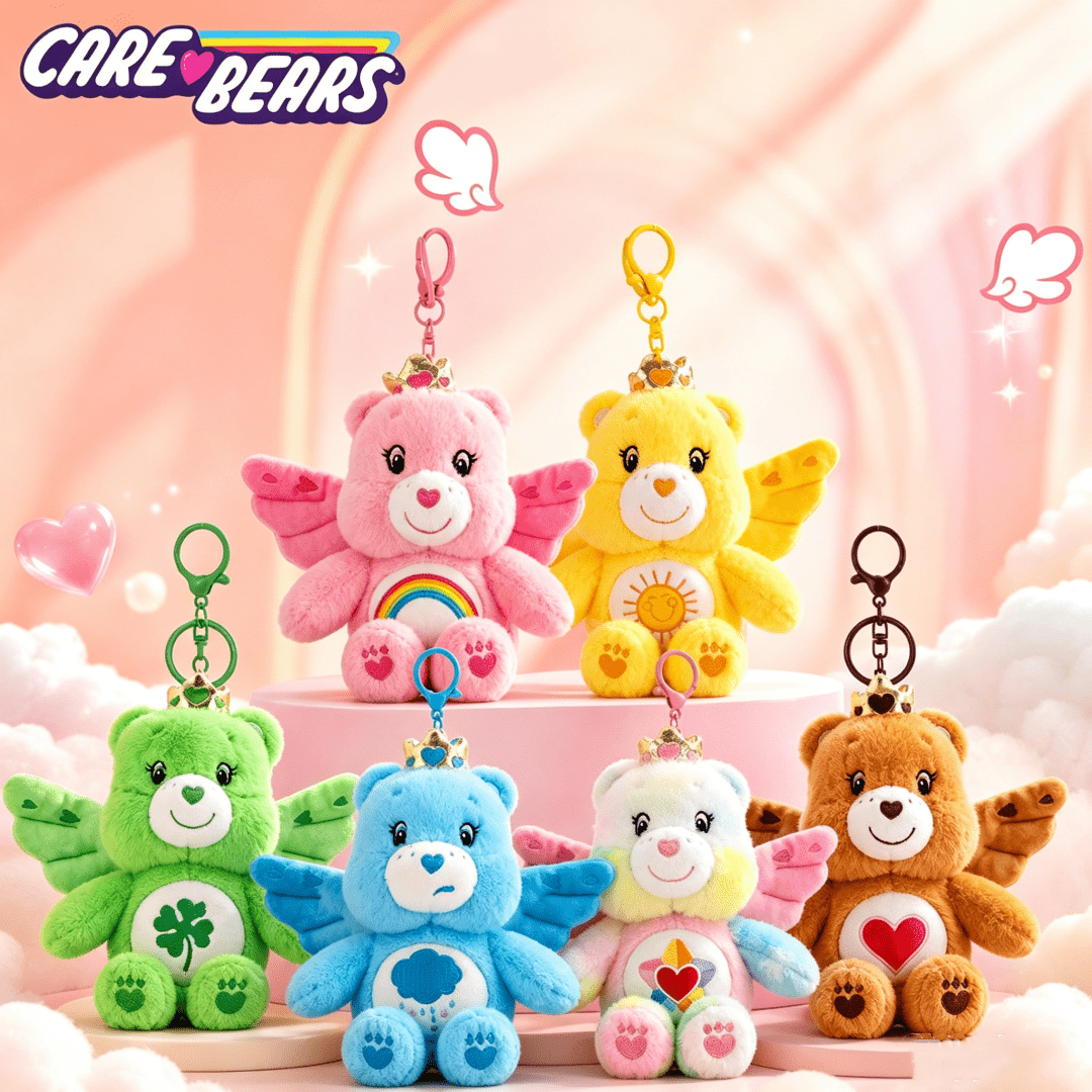 Llavero de peluche Care Bears con alas de ángel, colgante de oso lindo, dije kawaii para bolso de 15 cm, anillo de llaves de animal de peluche suave, regalo de cumpleaños para niños