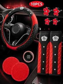 Set Aksesori Interior Mobil Mewah 10 Buah dengan Hiasan Mahkota Berlian Imitasi, Sarung Setir Berlapis, Bantalan Bahu Sabuk Pengaman, Klip Ventilasi Udara Motif Bunga Daisy, Alas Tempat Gelas, Stiker Tombol Start Stop, Set Dekorasi Mobil Universal - 10 buah - View 17