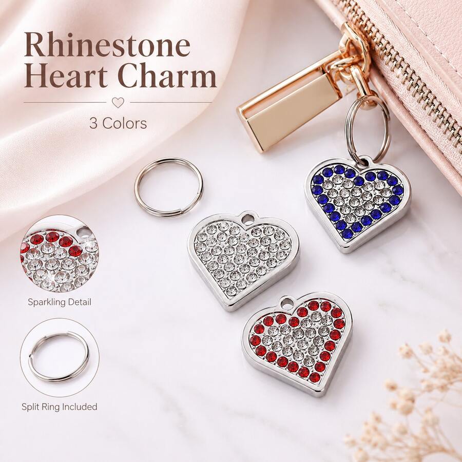 1pc Rhinestone Heart Charms With Split Rings, Sparkling Alloy Keychain Pendants For Bags, Keys, Pouches & DIY Accessories - Single Piece - View 1