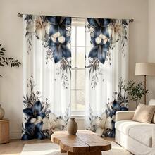 2pcs Luxury Lily Flower Curtains, Blue & White Lily Floral Print, High-Quality Room Decor Curtains Suitable For Wedding Decoration, Rod Pocket Design, Privacy Protection, Suitable For All Seasons, Multi-Functional Decorative Curtains - Multicolor - View 2