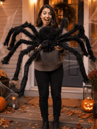 Black Extra Large Plush Spider Decoration, Giant Bendable Plush Spider Web Decor, Red Eyes, Suitable For Halloween Party Supplies, Outdoor Yard, Porch And Garden Haunted House Scenes And Holiday Decoration