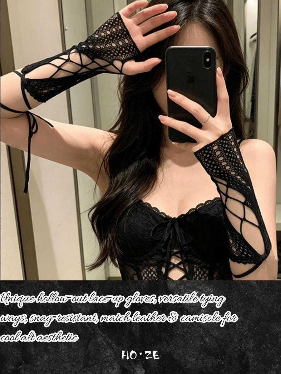 3/2/1件/對/套 女款交叉魚網無指袖套,收納禮品袋配件,鏤空腕飾,哥德風萬聖節 Cosplay 配件 - 黑色 - 查看 1