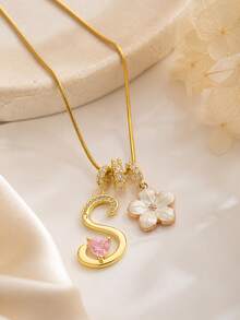 1pc Heart Initial Letter & White Five-Petal Flower Multi-Pendant Necklace For Girl's Anniversary Dates Party Holiday Birthday Gift For Daily Wear - Gold - View 3