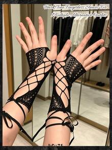 3/2/1 Stück/Paar/Set Damen Kreuz-Fischernetz fingerlose Ärmel, Aufbewahrungs-Geschenktüten Zubehör, Cut Out Handgelenksmanschetten, Gothic Halloween Cosplay Accessoire - Schwarz - Übersicht 4