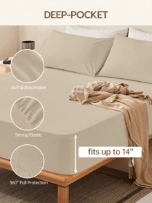 HONEYMOON 3/4件套純色床上用品套裝（3件套 = 1件床笠 + 1件床單 + 1件枕套，4件套 = 1件床笠 + 1件床單 + 2件枕套）100%聚酯纖維面料，Ins風格，適用於9-12英吋深口袋，防縮水，可機洗，適用於多種尺寸，四季通用，居家與學校宿舍使用，開學必備，淺卡其色 - 淺卡其色 - 查看 4