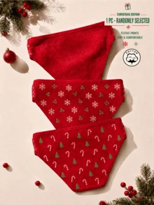 APRSEA 1PC Women's Christmas Print Ribbed Lace Trim Brief Panties, Random Style - Red - View 2