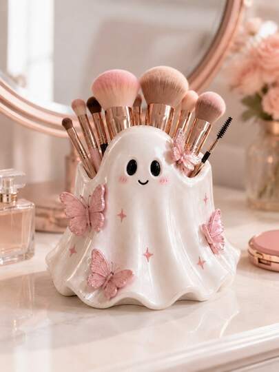This Cute Ghost-Shaped Makeup Brush Holder Is Perfect For Storing Makeup Brushes And Cosmetics In The Bathroom. Large Capacity. Suitable For Vanity, Desktop Storage And Halloween Bedroom Decor; A Great Gift For Women, Teenagers And Girls, Can Be Used For Organization, Makeup Storage, Room Decor And Home Decor.
