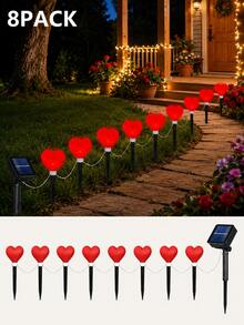 POSE UP 8PCS Solar Heart String Lights, IP44 Waterproof LED Outdoor Fairy Lamps, Solar Powered Garden Decor Lights With Auto On/Off, Romantic Landscape Lighting For Lawn, Pathway, Yard, Patio, Villa, Wedding, Valentine, Anniversary, Party & Holiday Decor - Red - View 9