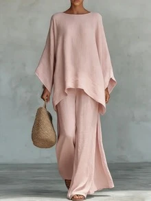 Pink Loose Batwing Sleeve Wide Leg Pants 2 Pieces Set, Elegant Autumn Vacation Commute Lazy Outfit For Women - Pink - View 4
