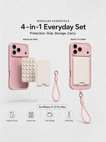VOUVI Casing Ponsel Dopamine 4-in-1 dengan Perekat Hisap, Tempat Kartu, dan Tali Gantungan, Kompatibel dengan iPhone 17 16 15 14 13 12 11 Pro Max, Tahan Guncangan, Warna Solid Matte, Casing Lembut Multifungsi, Kompatibel dengan 16 15 14 Plus - Tali gantungan dengan perekat hisap berwarna merah muda dan putih. - View 4
