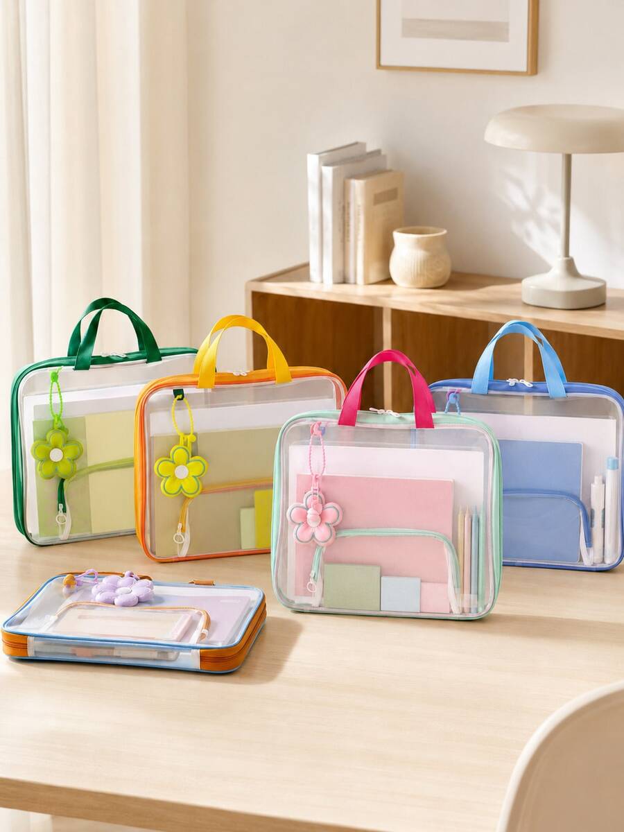 1 buah Tas File Transparan Lucu untuk Kembali ke Sekolah, Trim Warna Solid & Kantong Label, Pegangan Portabel Gaya Resleting, Organizer Dokumen Multi-Lapisan PVC Transparan untuk Kertas A4, Pekerjaan Rumah & Perlengkapan Belajar, Siswa - MultiWarna - View 1