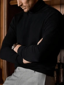 Men's Autumn/Winter Fashion High Neck Long Sleeve Sweater - Black - View 8