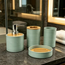 Textured Bathroom Accessory Set, 4‑Piece / 6‑Piece Bathroom Vanity Kit, Bathroom Storage & Decoration. Moisture‑Proof And Easy To Clean, This Toiletries Storage Organizer Set Is Perfect For Home Bathroom Countertop Decoration. - Bathroom Series - View 3