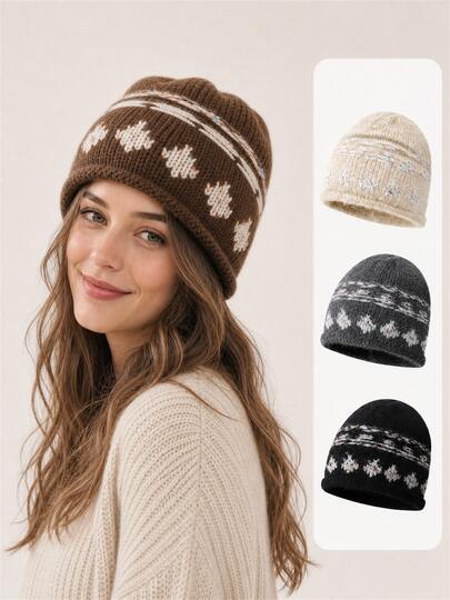 Women's Fair Isle Pattern Plush Knitted Beanie, Soft Warm Loose Cuff Winter Hat, Suitable For Autumn/Winter Daily Wear