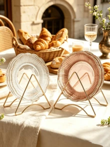 6pcs Stackable Gold Snack Tray Set With Gold Metal Storage Rack, Home Decor Kitchen Essential, Dessert Fruit Candy Tray, Suitable For Wedding, Birthday, Party, Home Afternoon Tea, Christmas, Halloween Decoration And Camping Snack Storage, Tableware Set, Thanksgiving, New Year Gift. Style And Color Randomly Shipped - Transparent Lace Plate 15cm - View 6