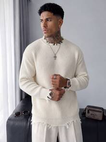 Men's Fashion Casual Versatile Daily Commute Home Wear Distressed Fringe Crew Neck Long Sleeve Loose Ribbed Pullover Knit Sweater Autumn/Winter - Apricot - View 5