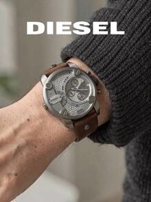 DIESEL DZ7258 Men Oversized Chronograph Watch Multi‑Time‑Zone Textured Dial Silver Metal Shell Stitched Decor Strap 5BAR Retro Gift Watch For Men - Black - View 5