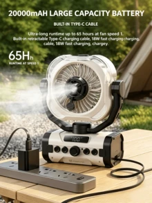 REMAX RS-ZF20 Outdoor Camping Fan, Cooling Mist Humidifier Small Fan, Remote Control Powerful Airflow, Long Battery Life Small Fan, LED Lighting, Smart Timer, Multi-Directional Airflow, Hanging & Standing Dual Use - Outdoor Misting Fan - View 4