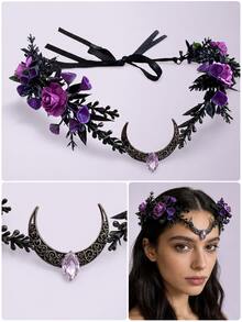 Dark Gothic Moon Floral Vine Fairy Headpiece, Mysterious, Vintage, Romantic Women's Hair Accessory, Exquisite Handmade, Suitable For Cosplay, Wedding, Halloween - Purple - View 6