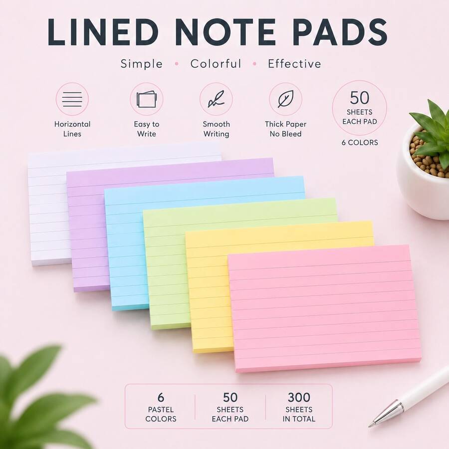 300 Sheets 6 Colors Double‑Sided 11‑Lines Lined Index Note Cards,110gsm Thick Non‑Sticky Memo Sheets 12.7*7.6cm,Flash Study Cards,Back To School Must‑Have - one-size - View 1