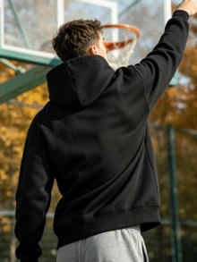 Herrsporttröja, avslappnad streetwear för utomhusbruk, enfärgad långärmad hoodie med muddar, dragsko och schackrutigt mönster, höst/vinter - Svart - Visa 2