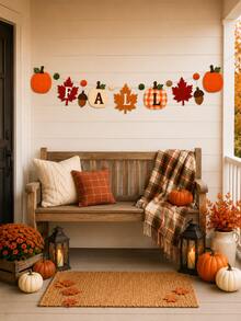 Fall Felt Garland Banner With FALL Letters Pumpkin Maple Leaf Acorn & Pom Pom Decorations, 2D Flat Autumn Thanksgiving Hanging Decor For Fireplace Mantel Wall Home Party, Non-Lighted - View 2