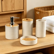 Textured Bathroom Accessory Set, 4‑Piece / 6‑Piece Bathroom Vanity Kit, Bathroom Storage & Decoration. Moisture‑Proof And Easy To Clean, This Toiletries Storage Organizer Set Is Perfect For Home Bathroom Countertop Decoration. - Bathroom Series - View 4