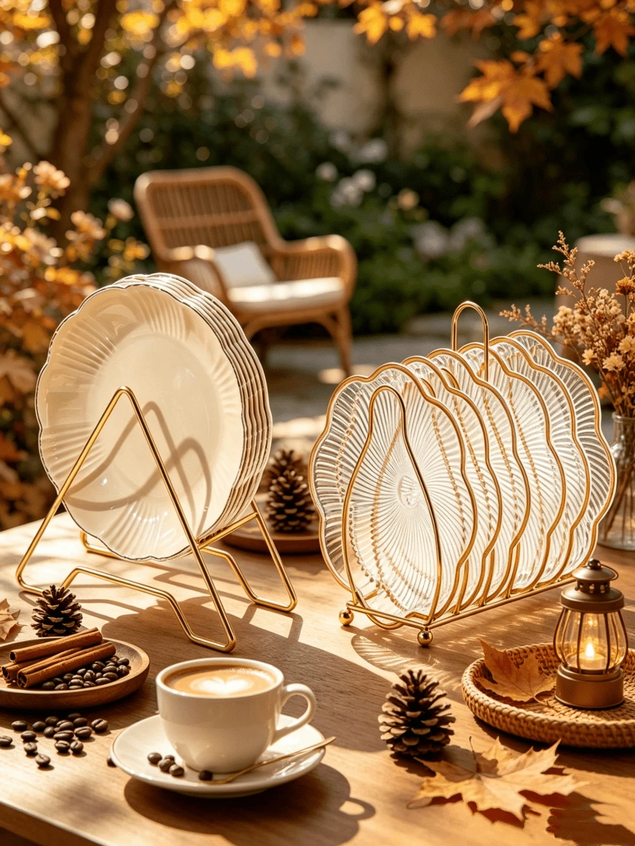 6pcs Stackable Gold Snack Tray Set With Gold Metal Storage Rack, Home Decor Kitchen Essential, Dessert Fruit Candy Tray, Suitable For Wedding, Birthday, Party, Home Afternoon Tea, Christmas, Halloween Decoration And Camping Snack Storage, Tableware Set, Thanksgiving, New Year Gift. Style And Color Randomly Shipped - Transparent Lace Plate 15cm - View 1