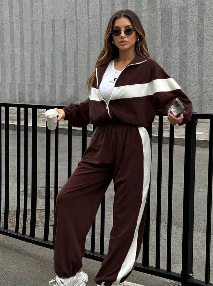 Women's Sports Set V-Neck Patchwork Stand Collar Zip-Up Jacket And Side Stripe Sweatpants 2-Piece Fitness Outfit - Coffee Brown - View 1
