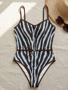 HOTTIE HABIT Blue & Brown Zebra Print Bandeau One-Piece Swimsuit, V-Neck Front, Slim Fit High Cut One-Shoulder Swimwear, Vintage Animal Print Swimsuit, Suitable For Beach, Pool, Vacation - Multicolor - View 6