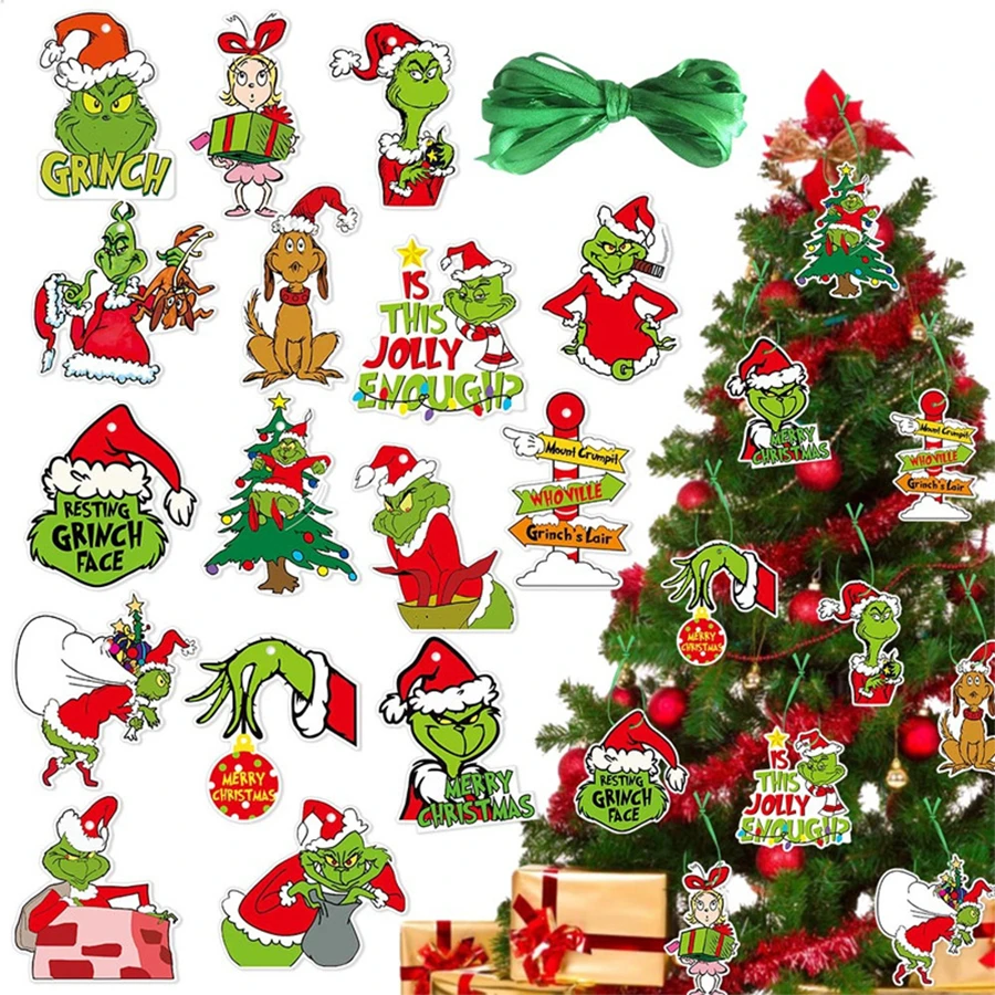 Panini Grinch Multi-Character Paper Christmas Decoration Set, Assorted Hollow Hanging Ornaments With Ribbons, Suitable For Christmas Tree, Holiday Home Party Decor - Random Styles - View 1