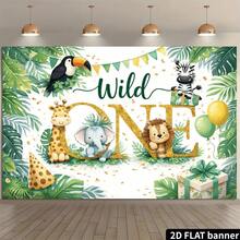 1pc "Wild One" Backdrop With Jungle Animal Pattern, Suitable For 1st Birthday Celebration, Green And Gold Decoration. This Banner Is Perfect For Photo Shoots - Jungle Animal Party - View 5
