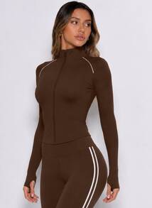 Never me Women's Slim Fit Waist-Cinched Thumbhole Long Sleeve Jacket, Stand Collar Full Zip Yoga Running Training Cardigan - Brown - View 5