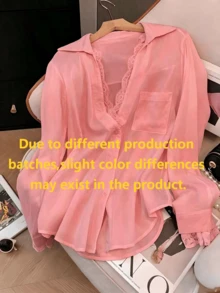 Women's Pink Semi-Sheer Contrast Lace Long Sleeve Polyester Shirt Collar Top (Autumn Style) Red - Red - View 2
