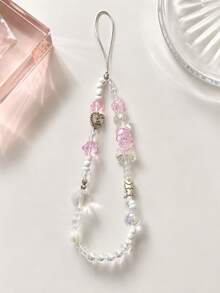 1pc Cute Sweet Pink Phone Lanyard, Flower & Heart Beaded Strap, Suitable For Girls Dating & Photo Taking, Versatile Decorative Hanging Rope - Pink - View 4
