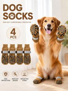 4PCS Non-Slip Dog Socks With Adjustable Reflective Straps, Indoor Pet Paw Protectors For Hardwood Floors, Quiet Anti-Skid Dog Shoes For Small Medium Large Dogs - Brown - View 1