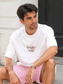 Minimalist Trophy Wife Print Tee, Unisex Tops, Old Money Aesthetic, Y2K Streetwear, Summer Outfit For Women, Elegant Off-Campus Vacation Shirt - White - View 4