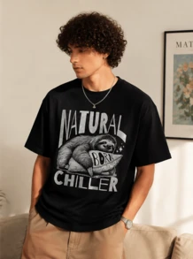 Herren Vintage Grafik-T-Shirt, Retro-Print Streetwear-Tee, Lagerbestand im örtlichen Lager, 230 g/m², 100 % Baumwolle, Sloth Natural Born Chiller, Bestseller, lustiges Geschenk, schwarzes T-Shirt B179 - Schwarz - Übersicht 4
