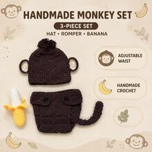 Newborn Photography Props Outfit, 3 PiecesHandmade Crochet Monkey Pants Set With Hat, Diaper Cover & Banana For Baby Photoshoots - Multicolor - View 3