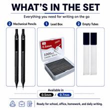 Metal Low Centre Of Gravity Automatic Pencil Set (0.5/0.7mm), Black 2B Graphite Leads, Suitable For Sketching, Artistic Drawing, School And Office Writing Includes 2 Pencils + 1 Box Of Leads + 2 Packaging Tubes Fine Writing Instruments - Multiple Styles - View 11