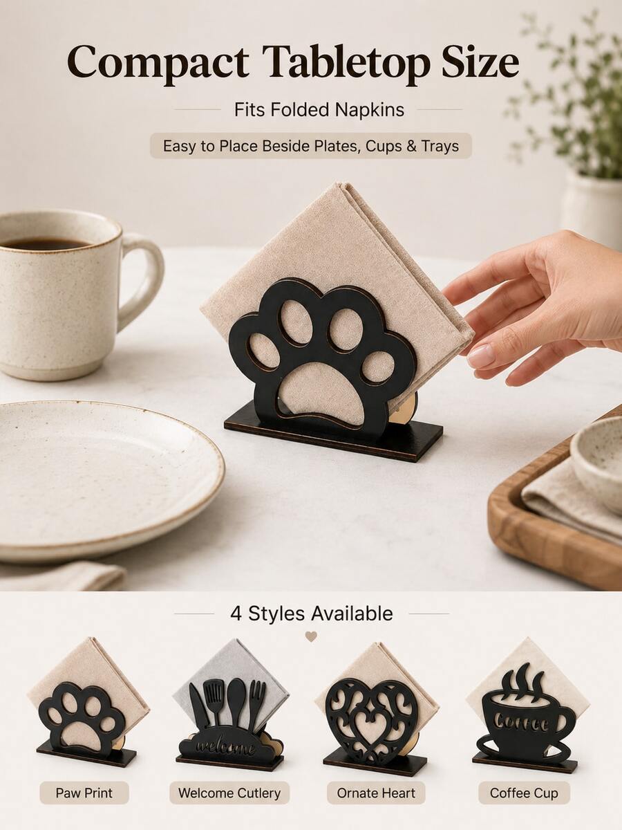 Vintage Wooden Tissue Holder, Coffee Cup, Cat Paw, Heart, Knife & Fork, Multiple Styles Available, Desktop Tissue Storage Decor - Black - View 1