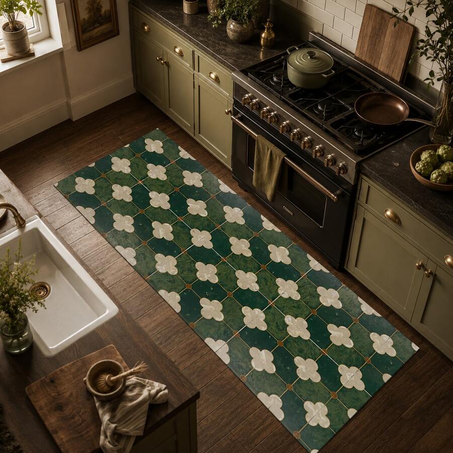 Green Faux Tile Printed Long Runner Rug, Indoor Home Decor, Kitchen Runner, Entryway Doormat, Hallway Entrance Decor, Bedroom Bedside Rug, Living Room Rug, Laundry Room Rug, Bathroom Mat, Suitable For Apartment, Dorm And Home Daily Decor - Multicolor - View 1