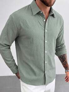Kemeja Lengan Panjang Pria Warna Polos Kasual Serbaguna untuk Pemakaian Sehari-hari - Mint Green - View 4