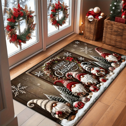1PC Christmas Themed Welcome Doormat, Decorated With Five Little Gnomes, Christmas Tree, Snowflakes And Other Holiday Decorative Elements, Perfect For Winter Home Decor And As A Christmas Gift. Christmas Decoration | Suitable For Indoor And Outdoor Use, Ideal For Bathroom, Kitchen And Farmhouse Style Decor. | Christmas Decoration, Christmas, Carpet, Room Decor, Bedroom Mat, Kitchen Mat, Home Decor, Door Mat, Bathroom Mat, Floor Mat, Entryway Mat, Ideal Christmas Gift.