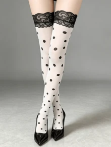1 Pair White Lace Black Polka Dot Over-The-Knee Socks, Suitable For Party, Club, Music Festival And Daily Wear, Eye-Catching Color Combination Easily Create Exclusive Christmas Outfit Highlight - Multicolor - View 6