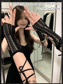 3/2/1 Stück/Paar/Set Damen Kreuz-Fischernetz fingerlose Ärmel, Aufbewahrungs-Geschenktüten Zubehör, Cut Out Handgelenksmanschetten, Gothic Halloween Cosplay Accessoire - Schwarz - Übersicht 6