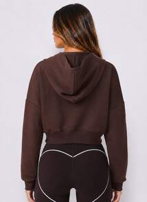 Never me Women's Sports Full Zip Hooded Short Jacket, Dropped Shoulder Loose Fit Cropped Sweatshirt For Casual Fitness - Coffee Brown - View 2