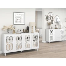 White Mirrored Sideboard With Cool Crystal Handles, Four Doors, With Adjustable Laminate. For Living And Dining Rooms, 160 X 40 X 84 Cm - View 1