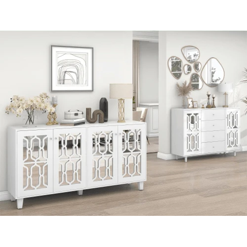White Mirrored Sideboard With Cool Crystal Handles, Four Doors, With Adjustable Laminate. For Living And Dining Rooms, 160 X 40 X 84 Cm - View 1