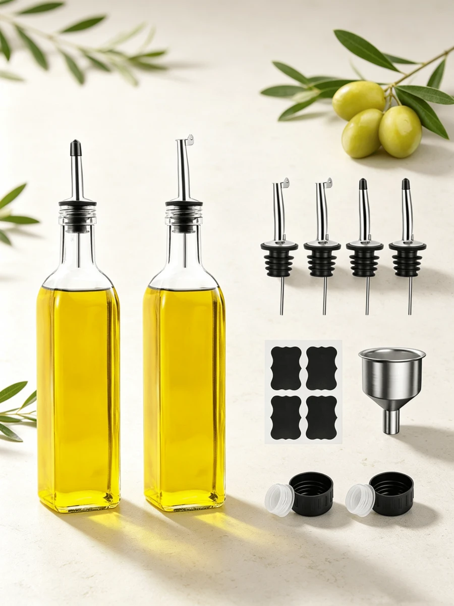 Oil And Vinegar Bottle Set Of 2, 500 Ml Glass, With Funnel, Stainless Steel Leak-Proof Seal And Labels, Oil Dispenser For Kitchen, Cooking And Grilling - View 1